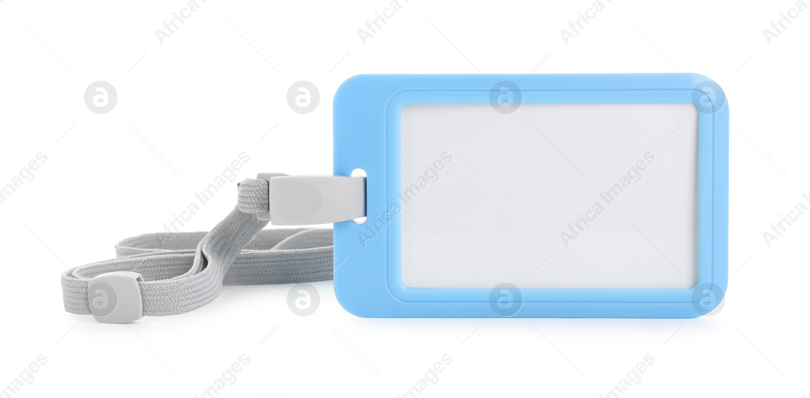 Photo of Blank light blue badge with string isolated on white