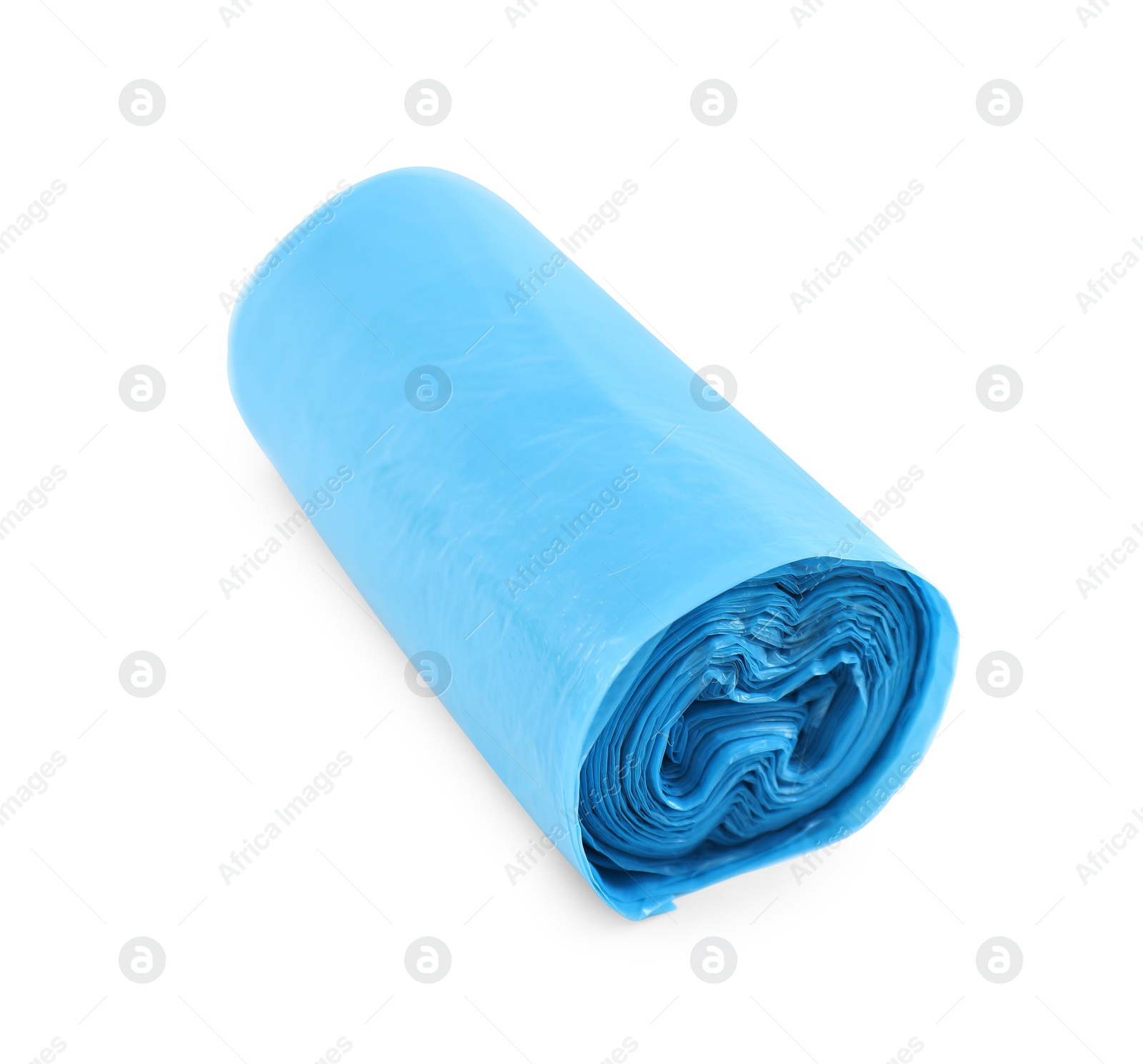 Photo of Roll of light blue garbage bags isolated on white