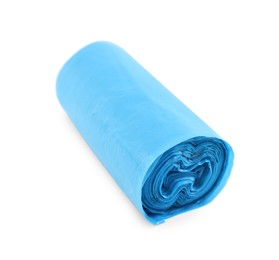 Photo of Roll of light blue garbage bags isolated on white