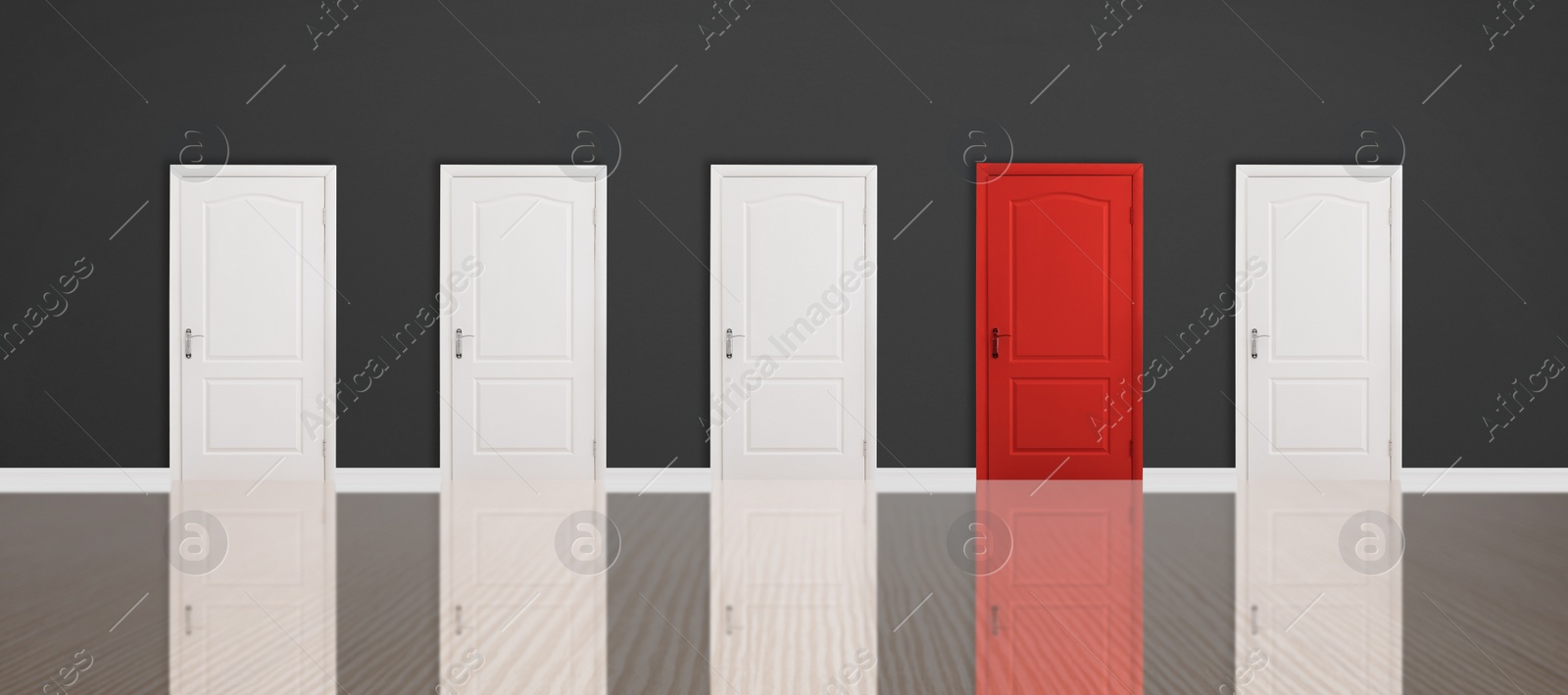 Image of Red door among white ones in room. Concept of choice