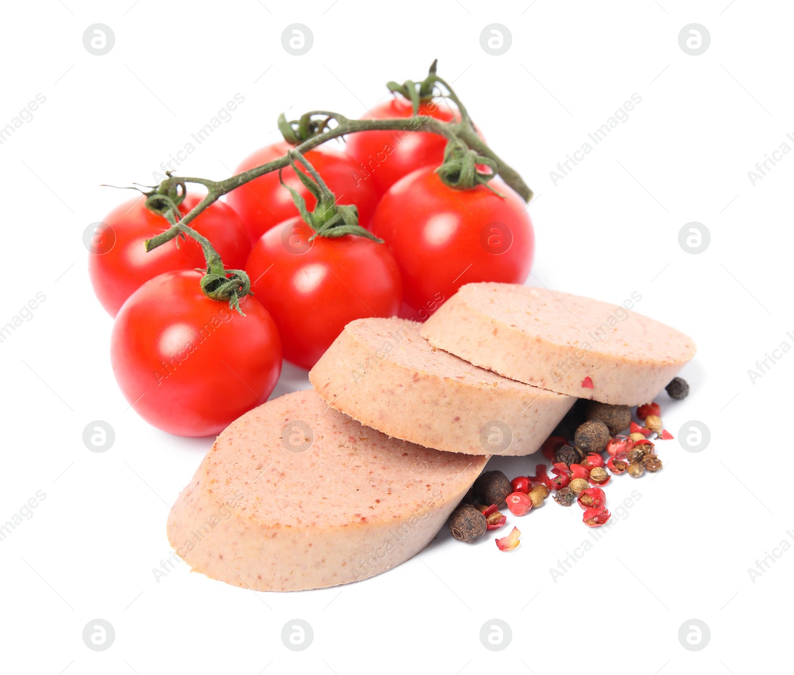 Photo of Slices of delicious liver sausage, tomatoes and peppercorns on white background