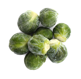 Photo of Pile of frozen Brussels sprouts isolated on white, top view. Vegetable preservation