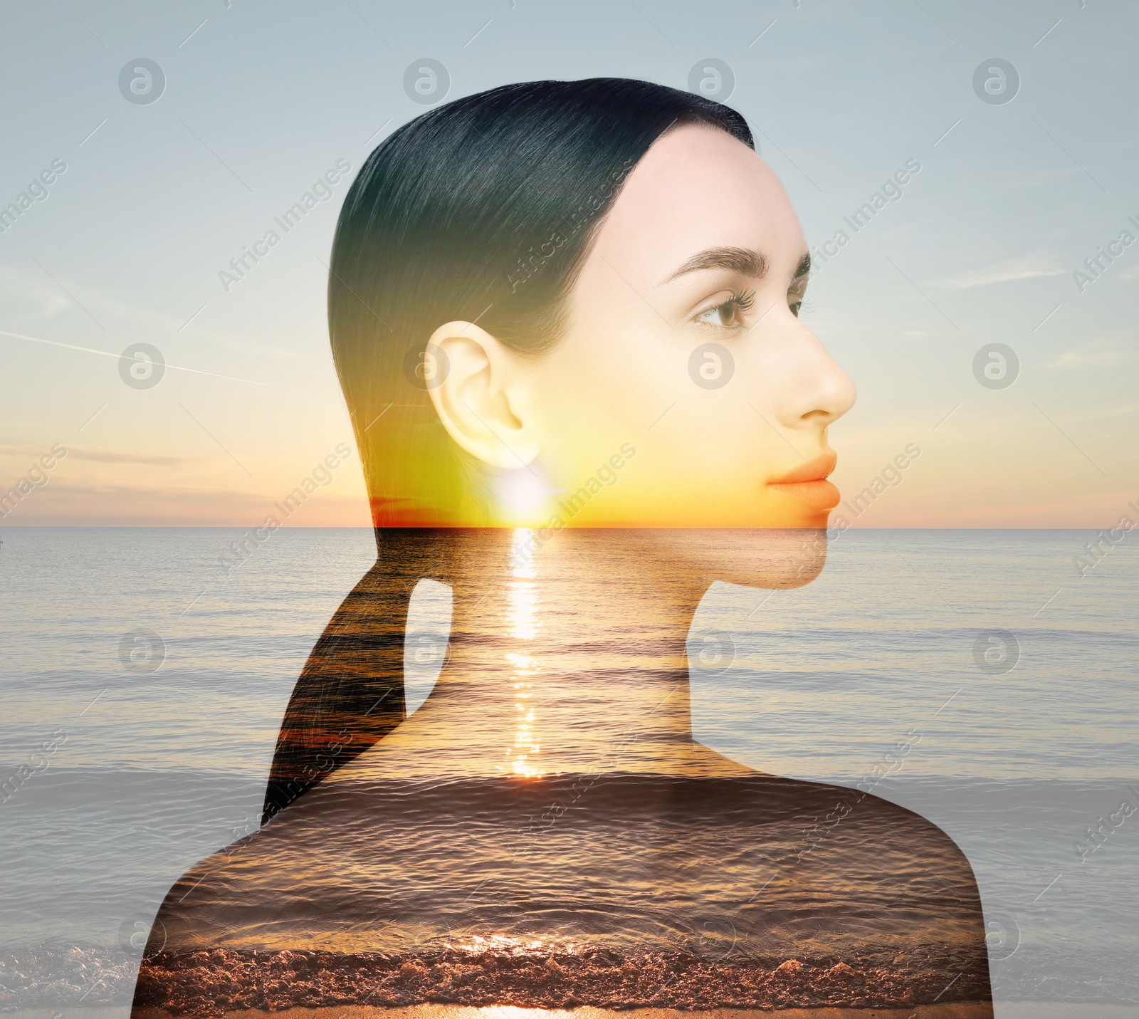 Image of Double exposure of beautiful woman and sea at sunset