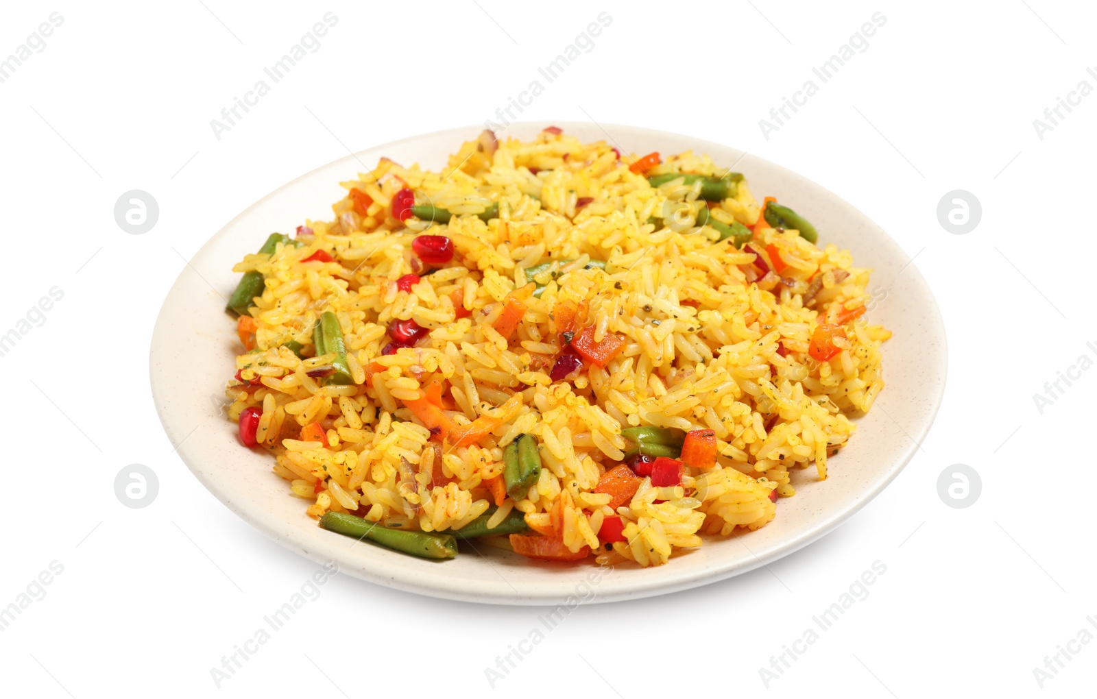 Photo of Tasty rice pilaf with vegetables isolated on white