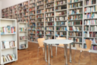 Blurred view of bookshelves and table in library