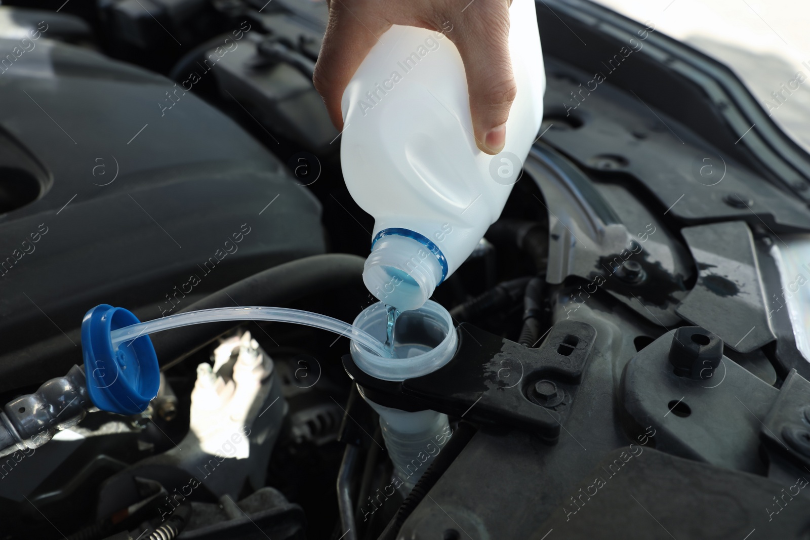 Photo of Man pouring antifreeze from plastic canister into windshield washer fluid reservoir, closeup