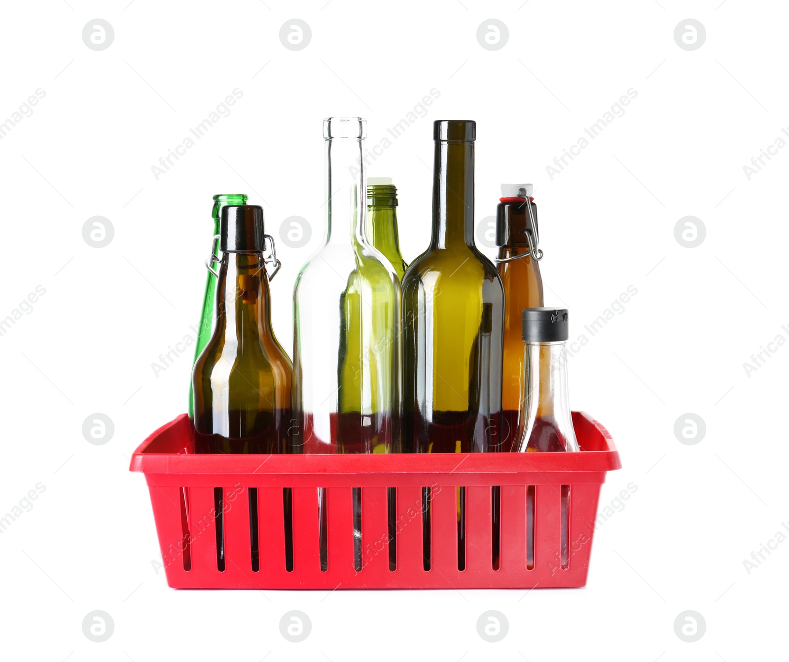 Photo of Crate with glass bottles on white background. Trash recycling