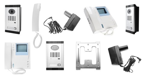 Image of Set with modern intercom stations on white background