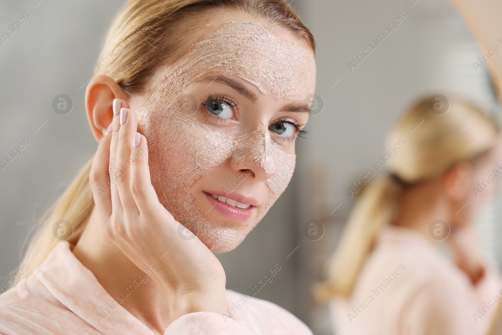 Photo of Woman with face mask indoors, space for text. Spa treatments