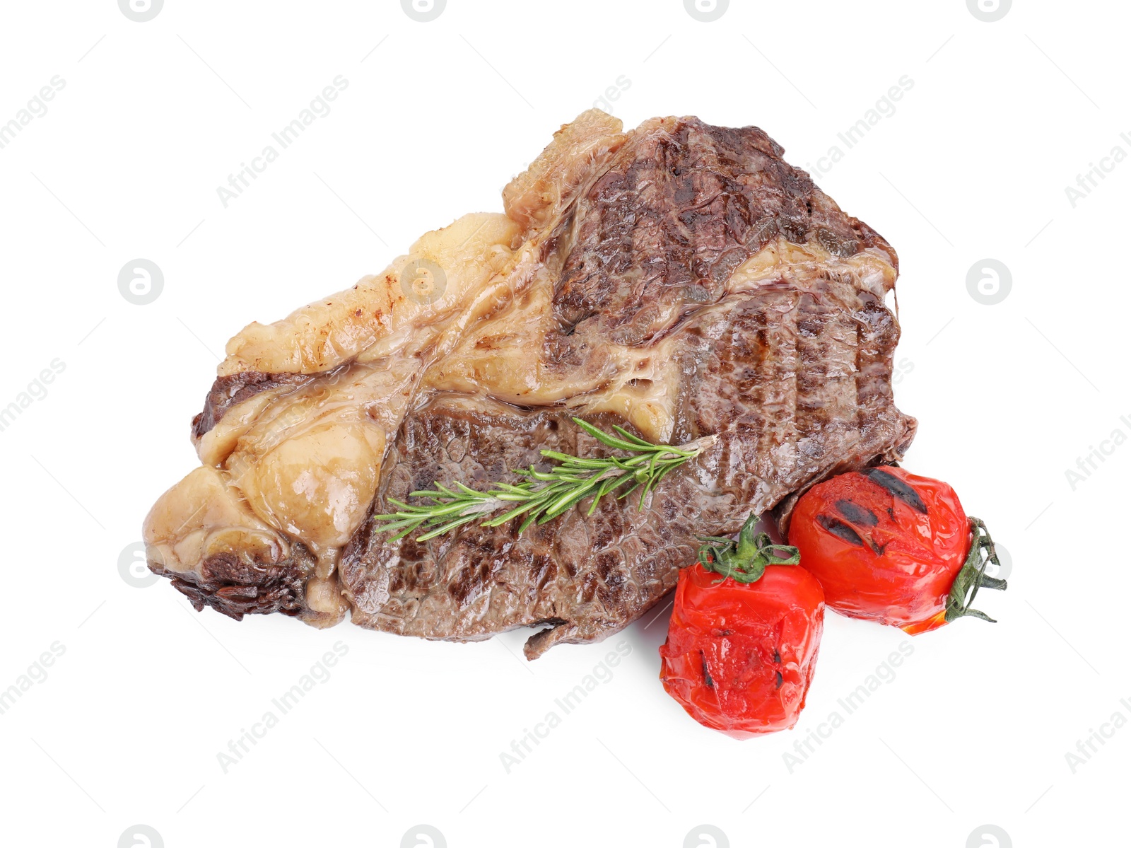Photo of Piece of delicious grilled beef meat, rosemary and tomatoes isolated on white, top view