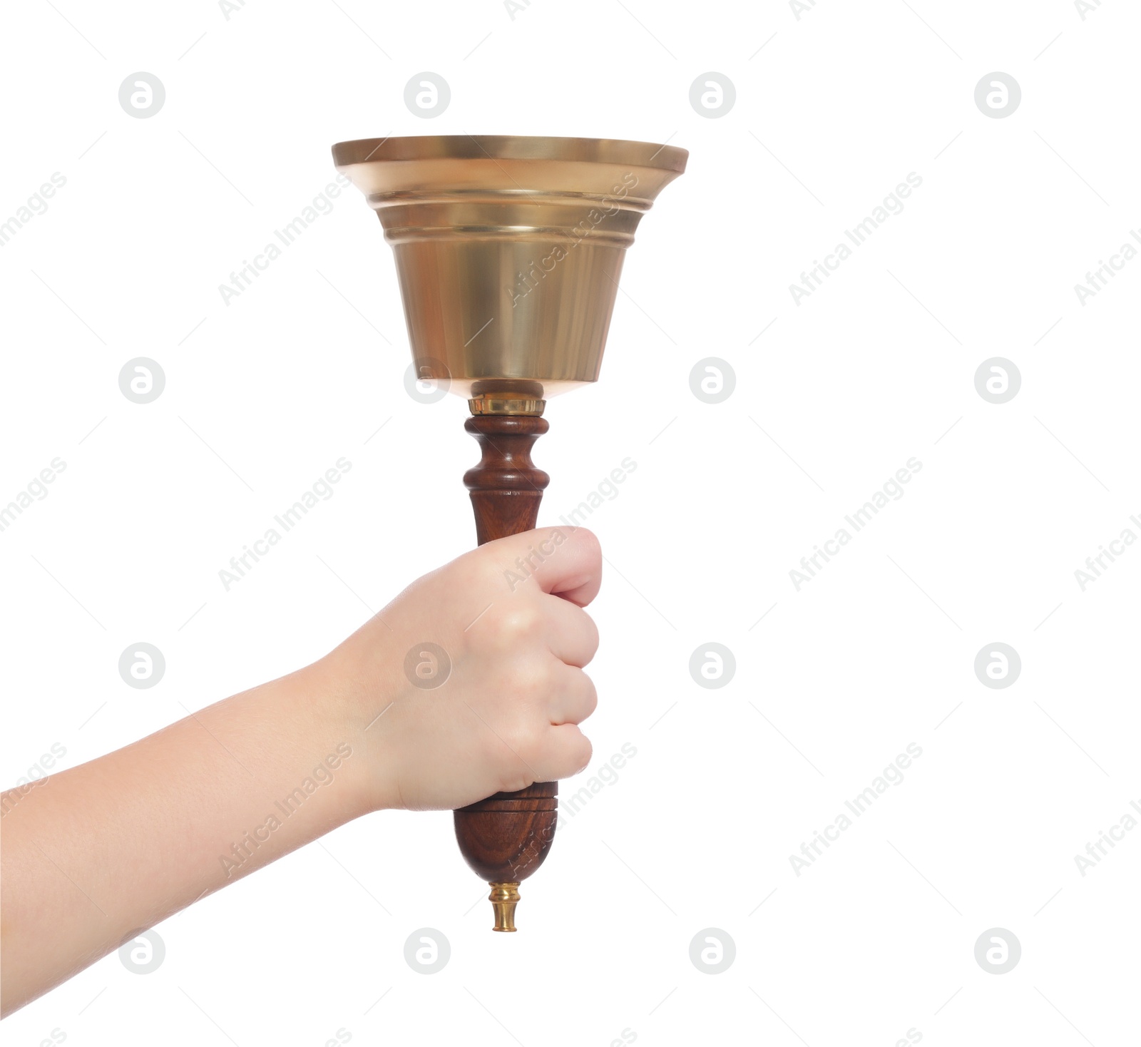 Photo of Pupil with school bell on white background, closeup