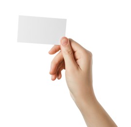 Photo of Woman holding blank business card on white background, closeup. Mockup for design