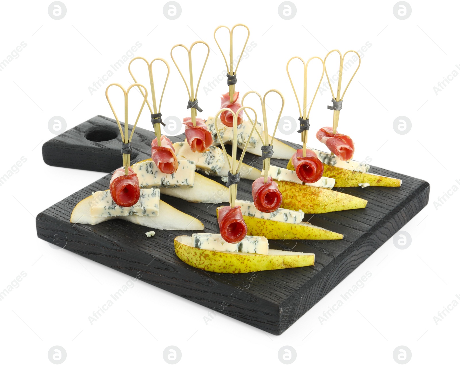 Photo of Tasty canapes with pears, blue cheese and prosciutto isolated on white