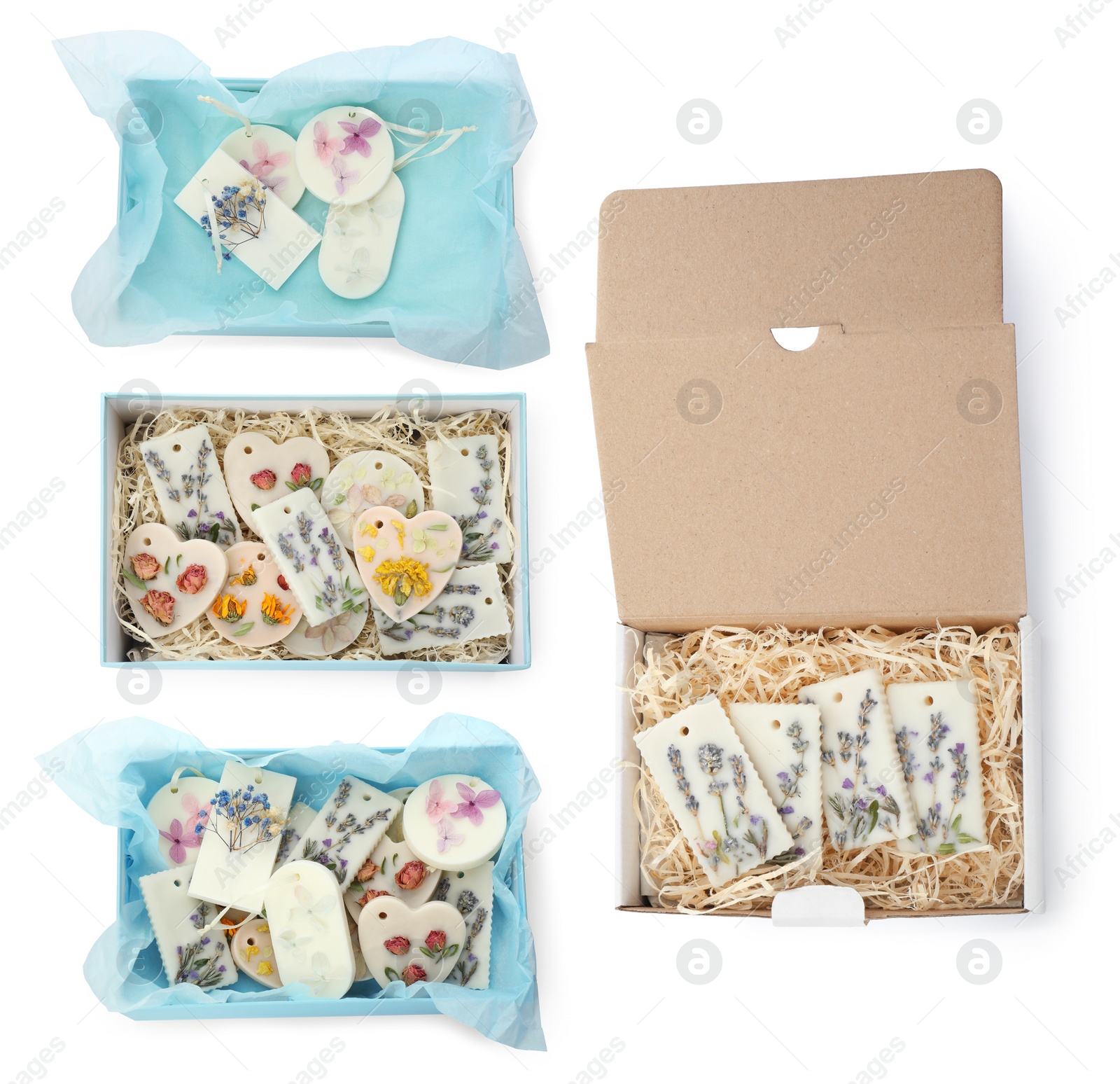 Image of Beautiful scented sachets with dried flowers in boxes on white background, top view. Collage