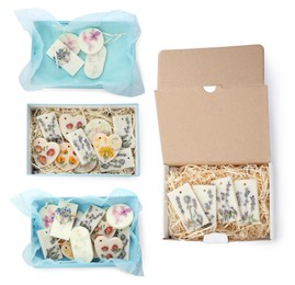 Beautiful scented sachets with dried flowers in boxes on white background, top view. Collage