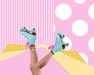 Image of Young woman with retro roller skates on colorful background, closeup. Bright stylish design