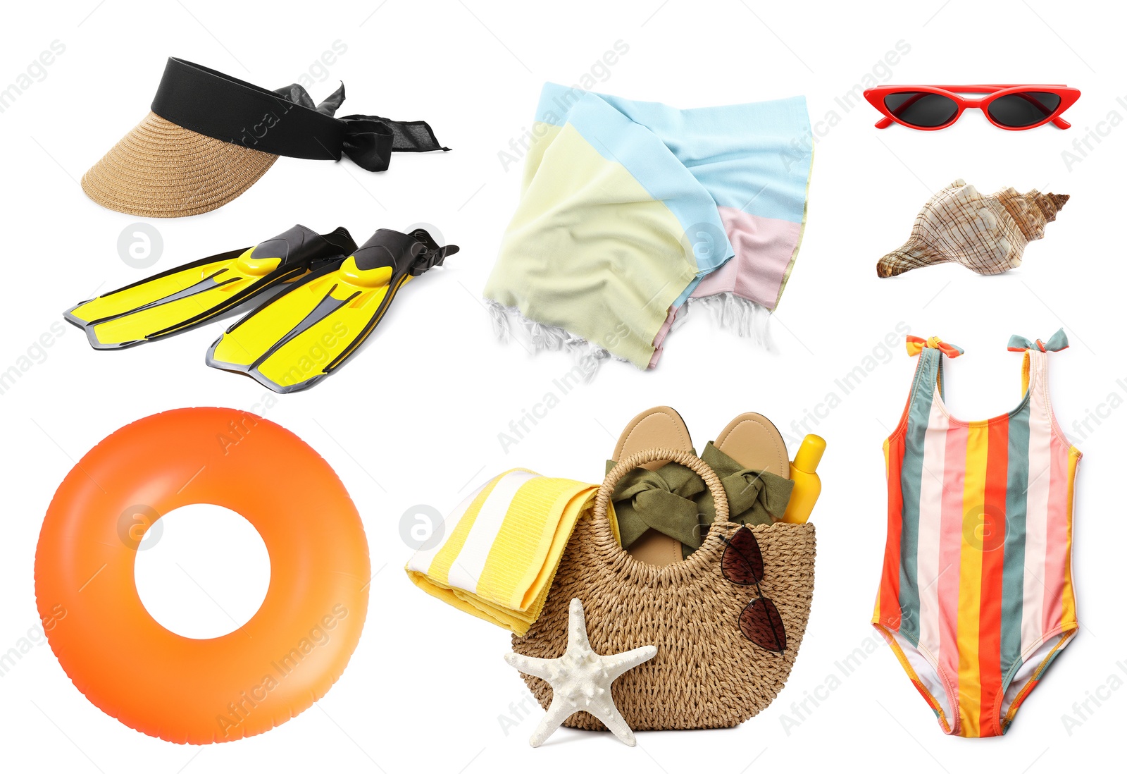 Image of Set with stylish beach bag and other accessories on white background