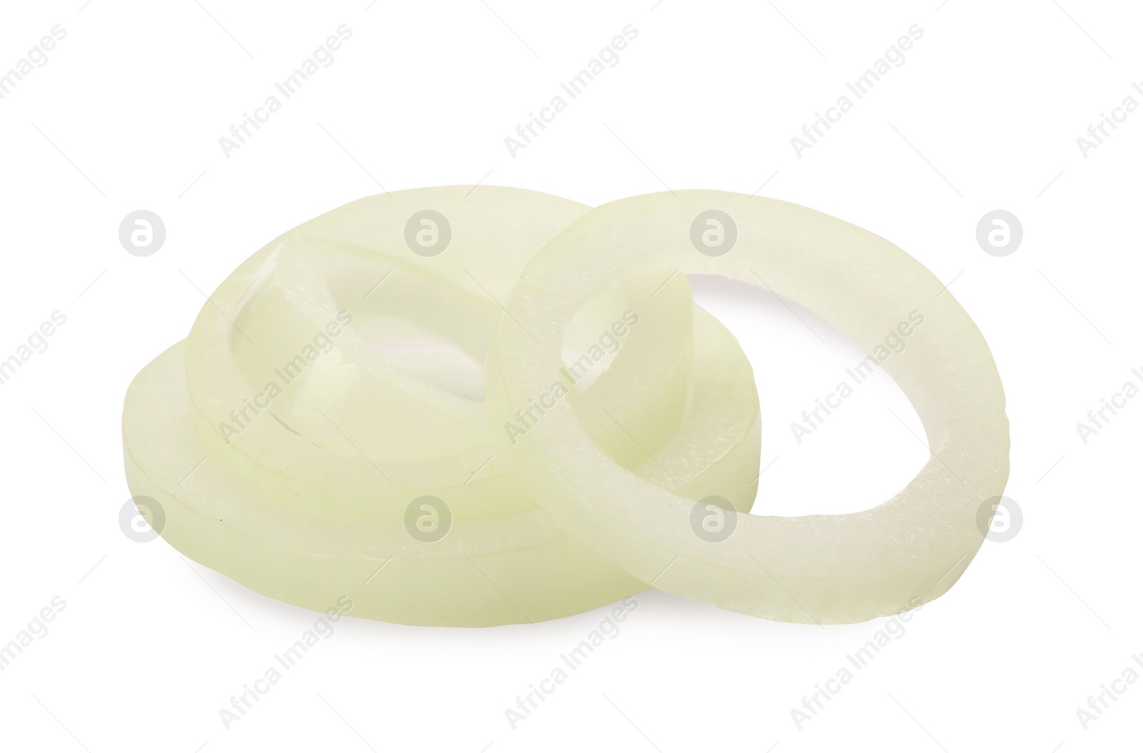 Photo of Many fresh onion rings on white background