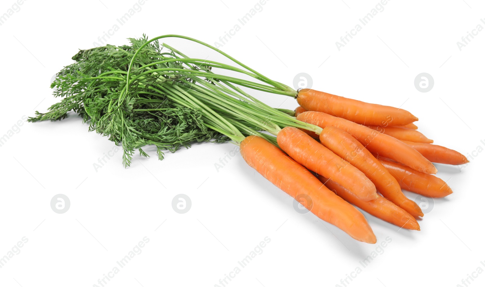 Photo of Ripe carrots on white background. Healthy diet