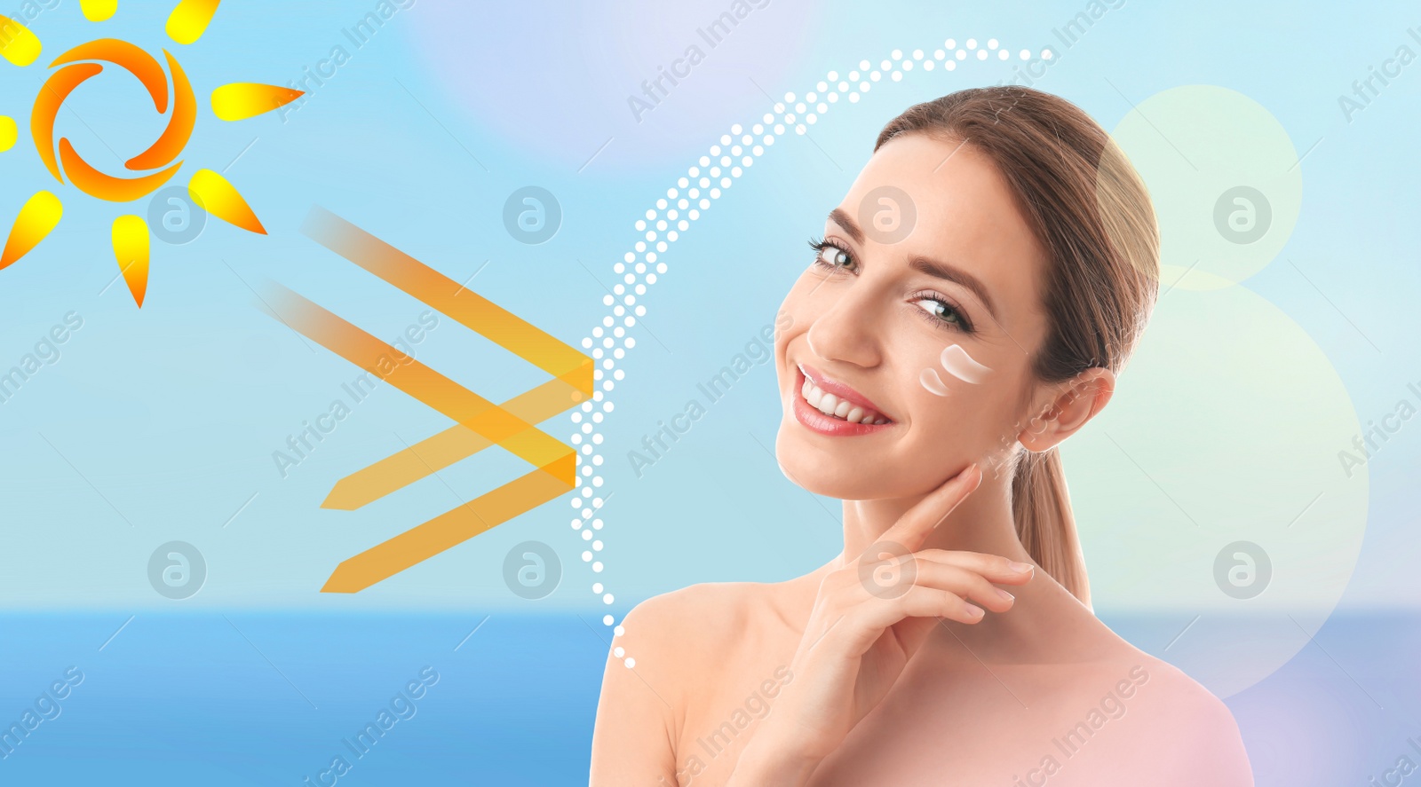 Image of Illustration of sun protection layer and beautiful young woman with healthy skin on color background