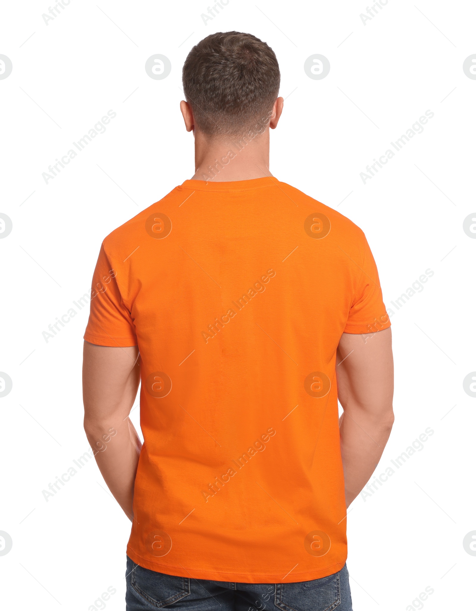 Photo of Man wearing orange t-shirt on white background, back view. Mockup for design