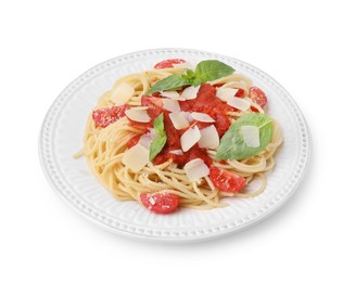 Tasty pasta with tomato sauce, cheese and basil isolated on white