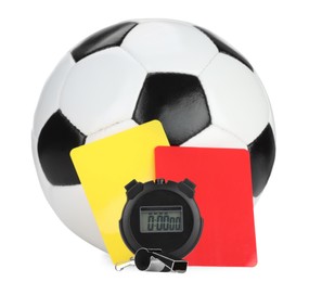 Photo of Referee equipment. Soccer ball, whistle, stopwatch and cards isolated on white