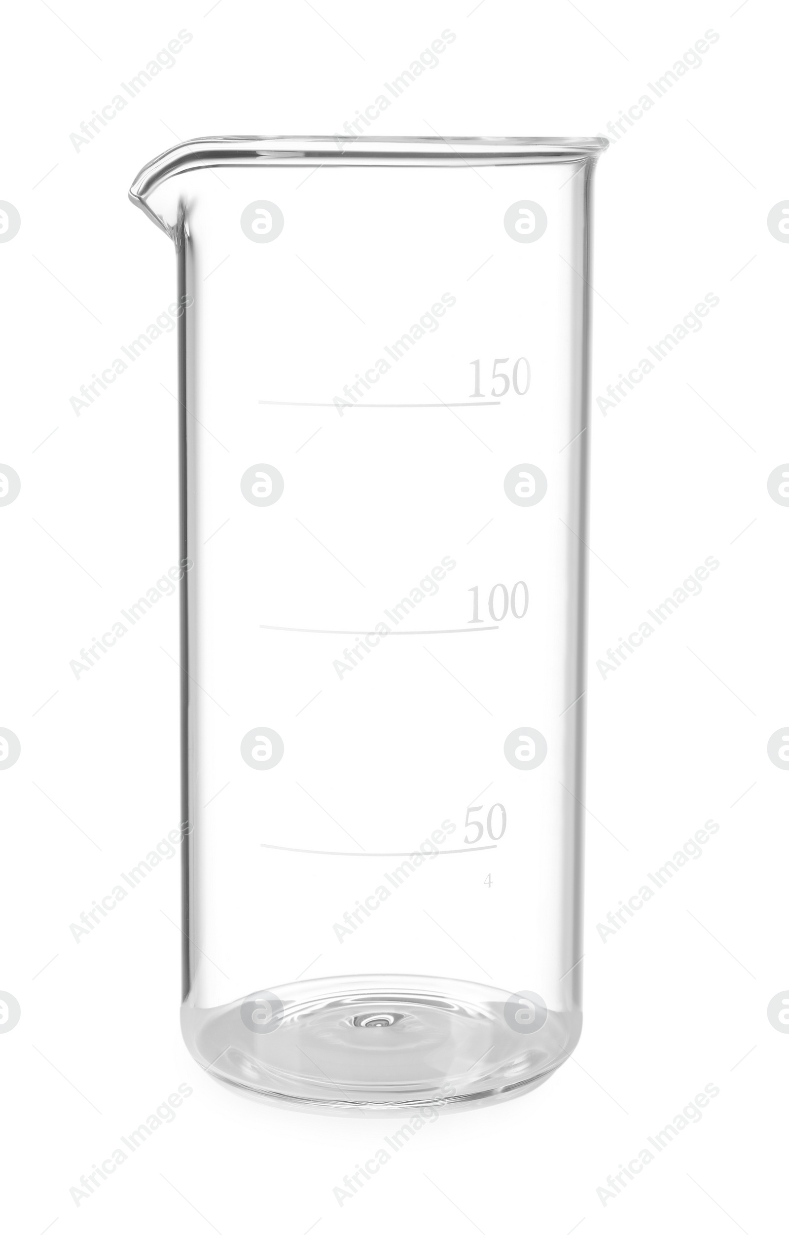 Photo of One empty glass beaker isolated on white