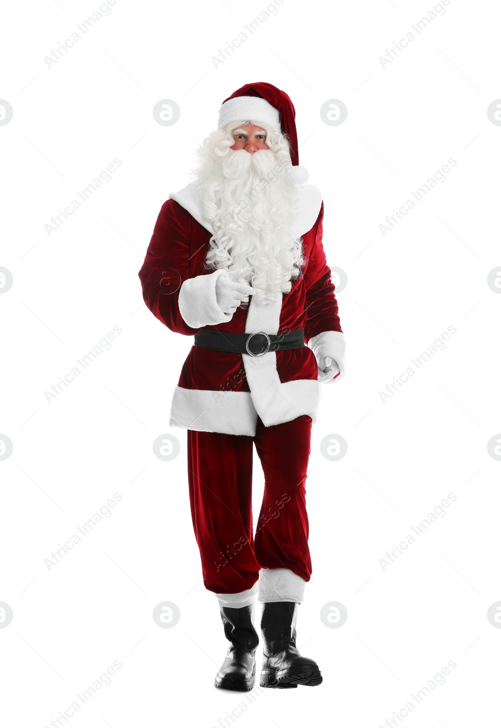 Photo of Full length portrait of Santa Claus walking on white background