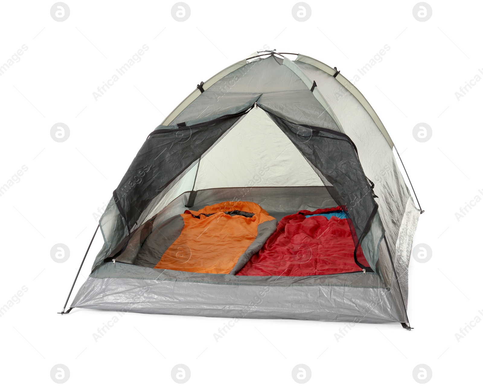 Photo of Comfortable grey camping tent with sleeping bags on white background