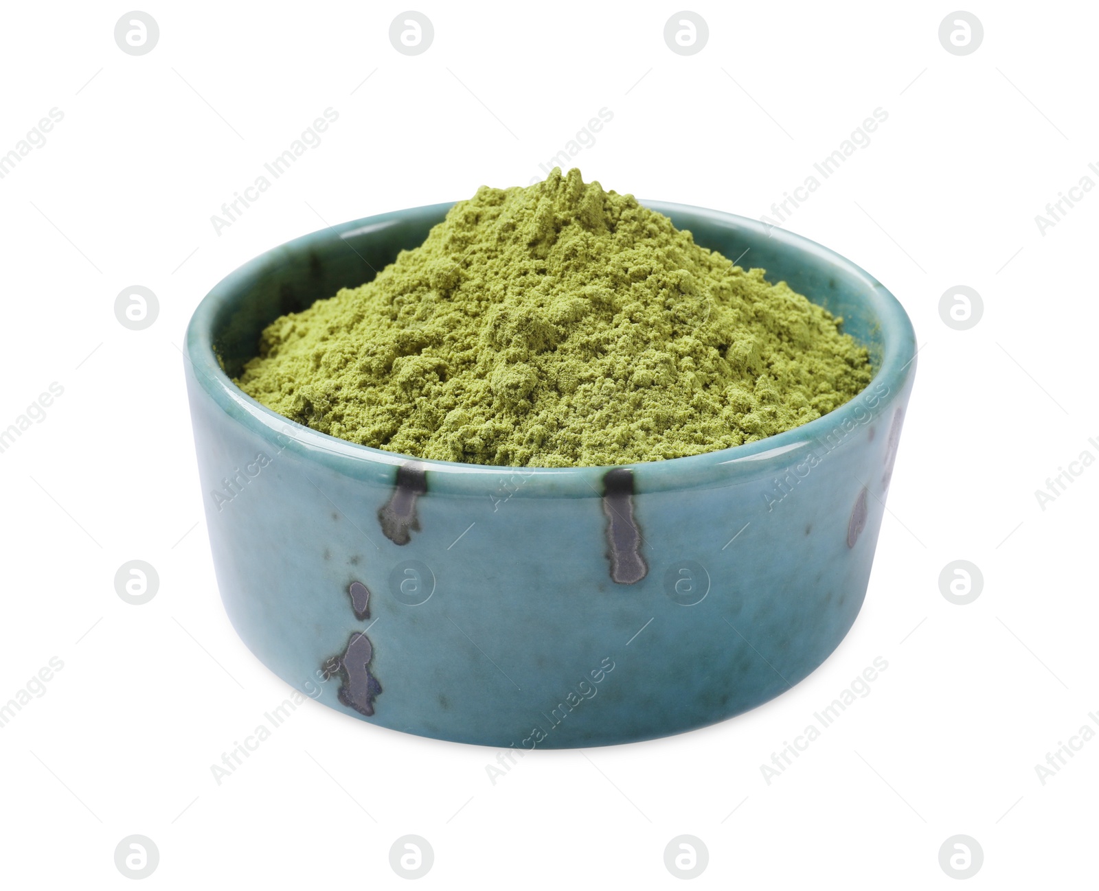 Photo of Henna powder in bowl isolated on white