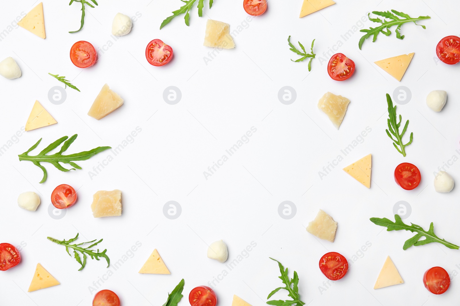 Photo of Flat lay composition with ingredients for pizza on white background