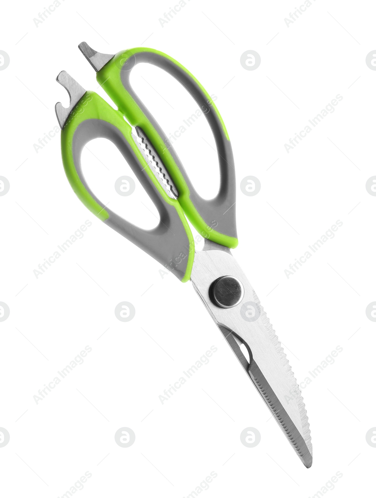 Photo of Pair of sharp scissors on white background