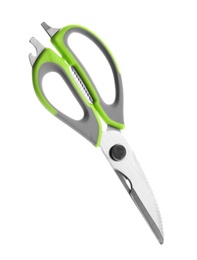 Photo of Pair of sharp scissors on white background