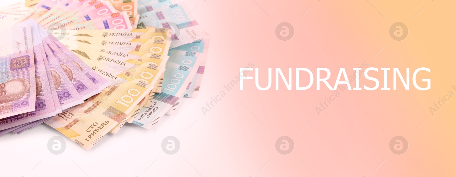 Image of Ukrainian money on color background, banner design. Fundraising