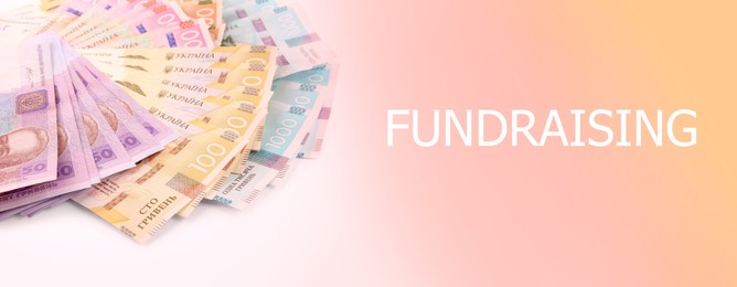 Image of Ukrainian money on color background, banner design. Fundraising