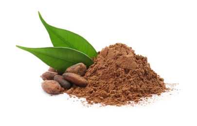 Photo of Cocoa powder and beans on white background