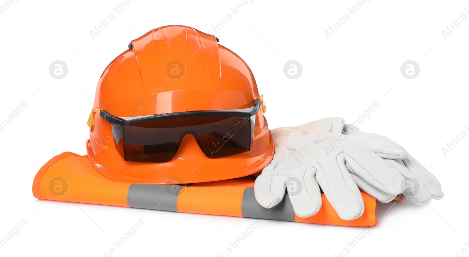 Photo of Protective workwear on white background. Safety equipment