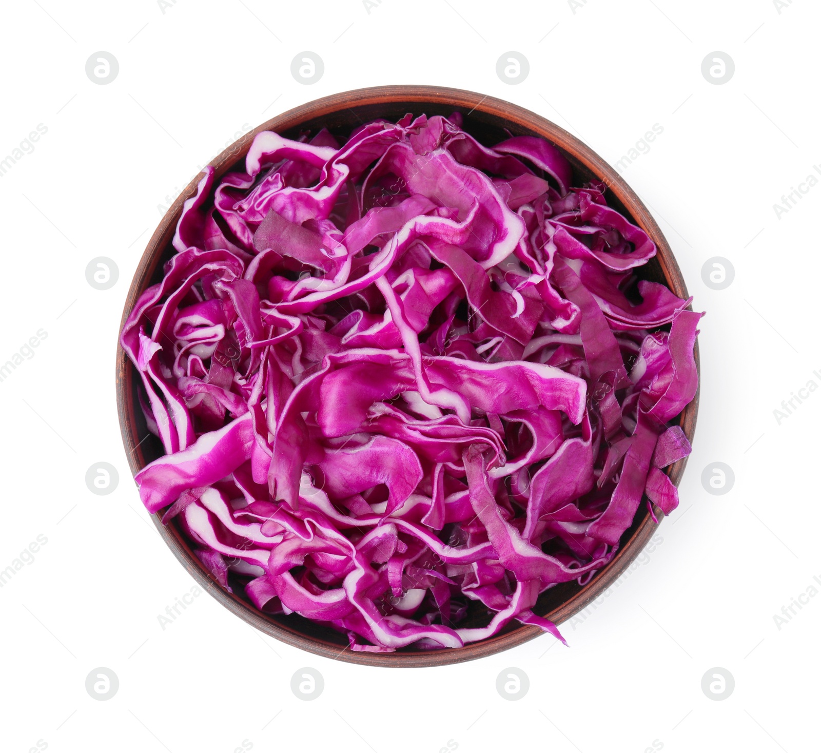 Photo of Bowl with shredded red cabbage isolated on white, top view