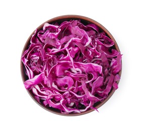 Bowl with shredded red cabbage isolated on white, top view