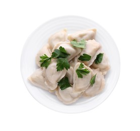 Delicious dumplings (varenyky) with tasty filling and parsley on white background, top view