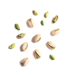 Photo of Composition with organic pistachio nuts on white background, top view