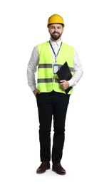 Photo of Engineer in hard hat holding clipboard on white background