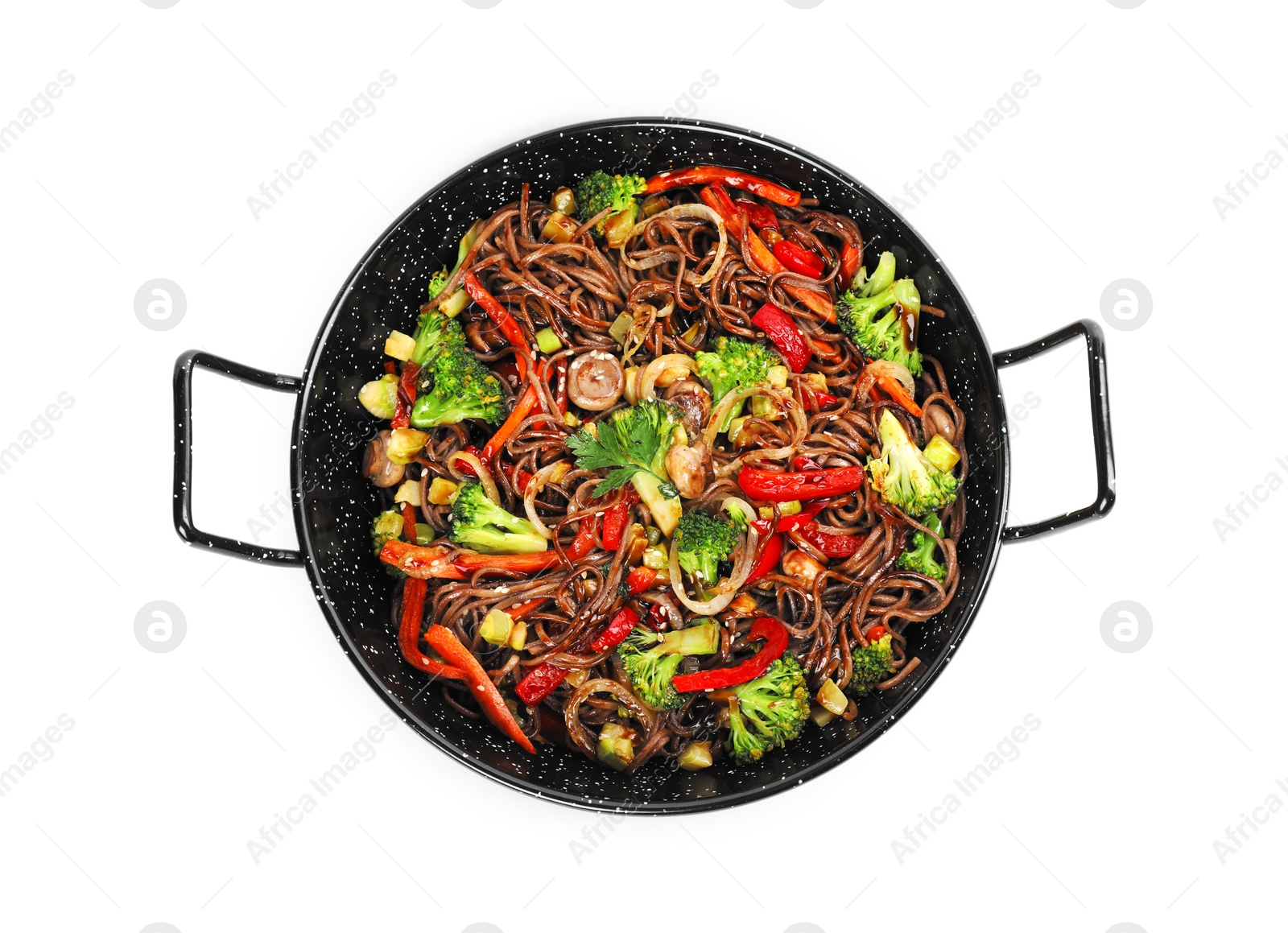 Photo of Stir-fry. Tasty noodles with meat and vegetables in wok isolated on white, top view