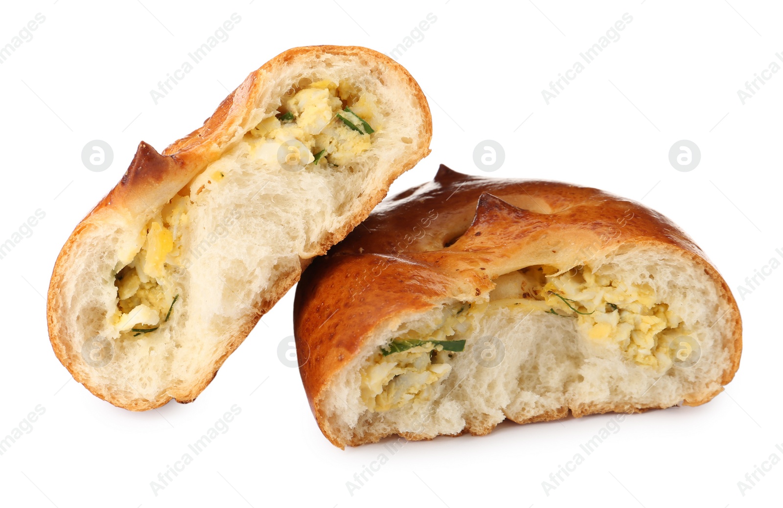 Photo of Delicious baked patty with egg on white background