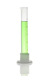 Graduated cylinder with light green liquid isolated on white