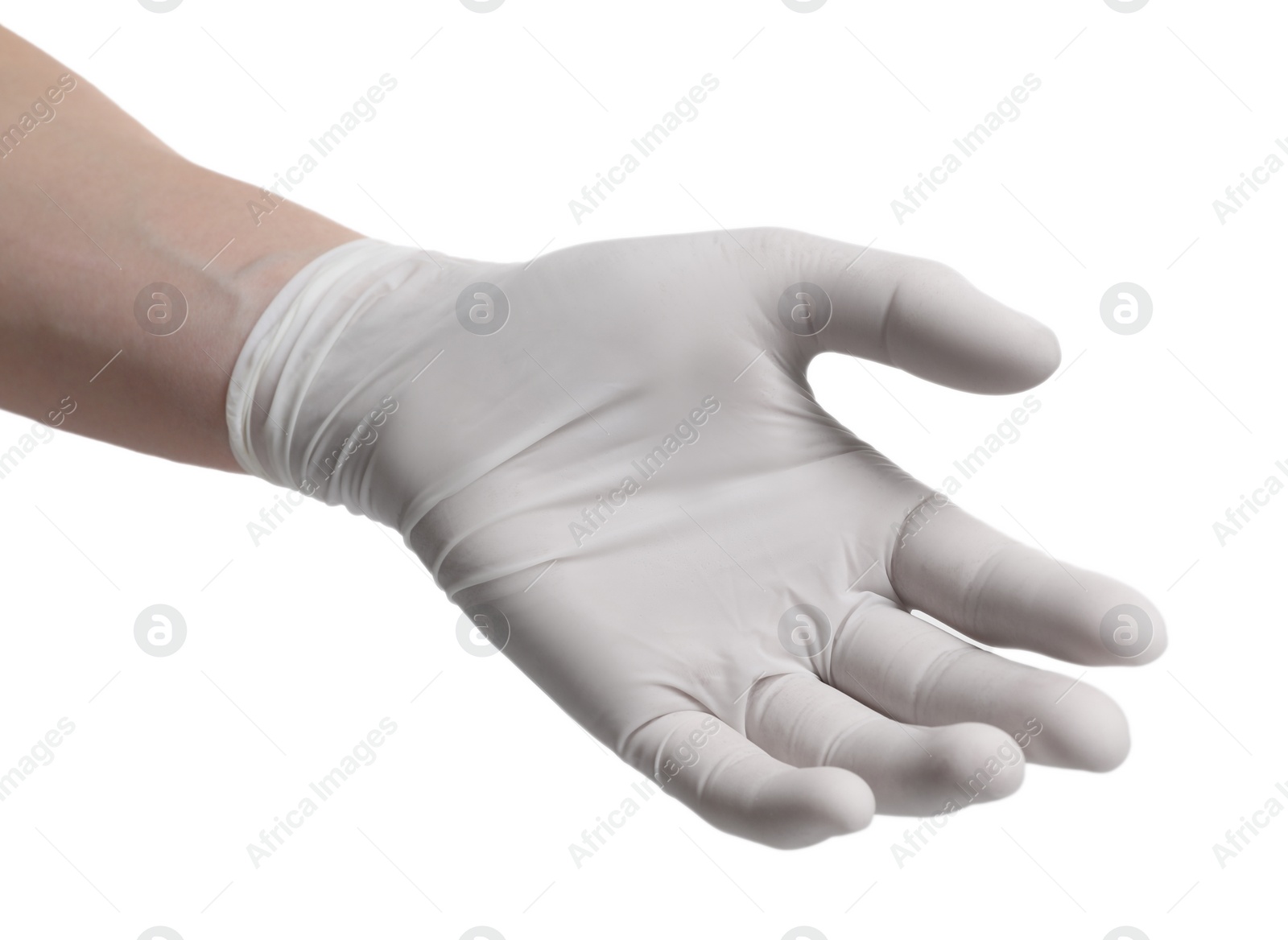 Photo of Woman wearing medical glove on white background, closeup