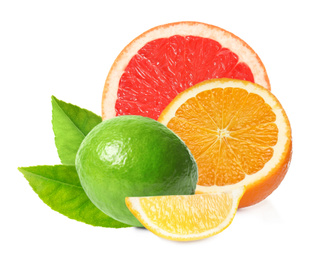 Image of Different citrus fruits with leaves on white background 