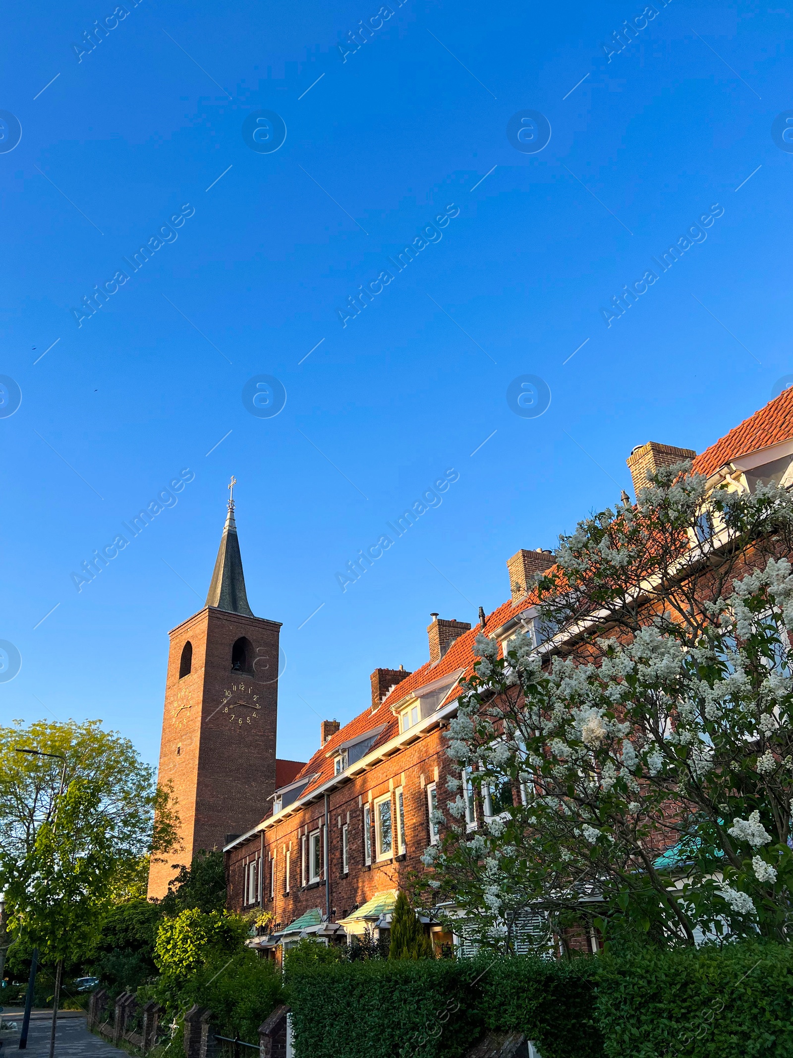 Photo of Beautiful view of city street with old tower on sunny morning