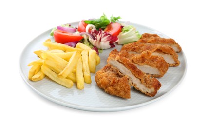 Photo of Plate of delicious cut schnitzel with french fries and vegetable salad isolated on white